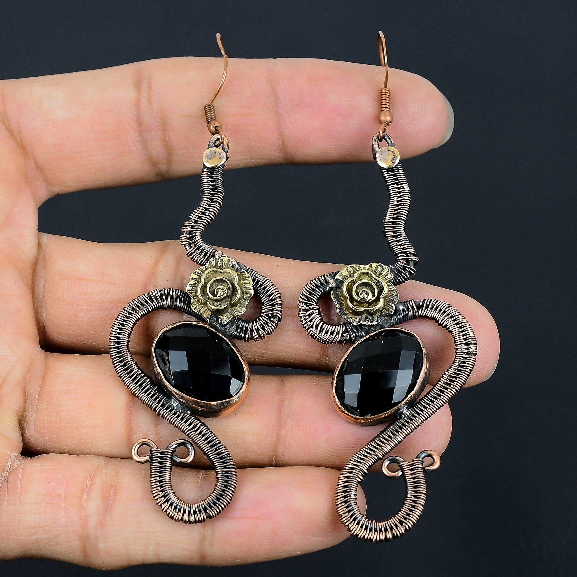 

Faceted Black Spinel Earrings, 999 Copper Wire Wrapped Earrings Handmade Gemstone Jewelry, Gifts For Wife Brand New Earrings 2.55 Inches