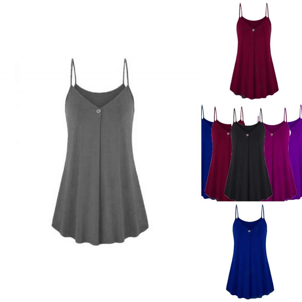 Elegant Women's Fashion Summer Plus V-neck Sleeveless Button Loose Hem T Shirt
