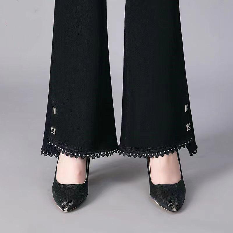 Fashion Simple Commuting Flared Pants Black Casual Women Spring Autumn Slim Elastic High Waiste Pocket Office Lady Trousers 2023