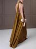 Cross-Border European & American Women's Scarf Ribbon Pleated Slimming Long Dress