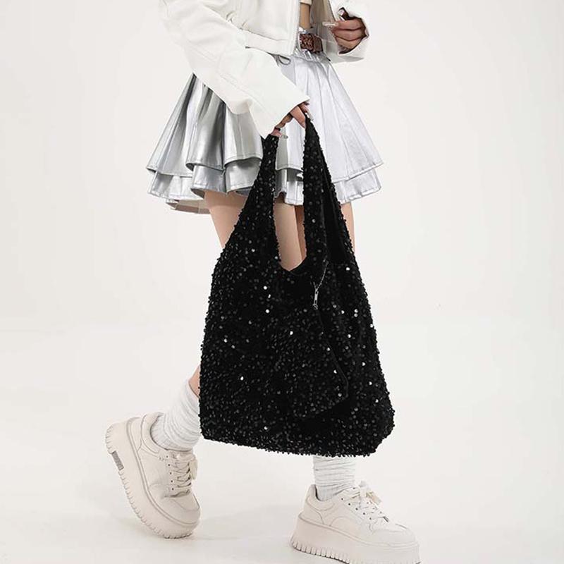 Women Tote Bag Fashion Sequins Bling Reusable Shopping Bag Large Capacity Ladies Underarm Shoulder Bag Trendy Commute Handbags