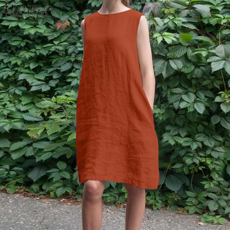 

ZANZEA Женское повседневное свободное короткое платье без рукавов с круглым вырезом