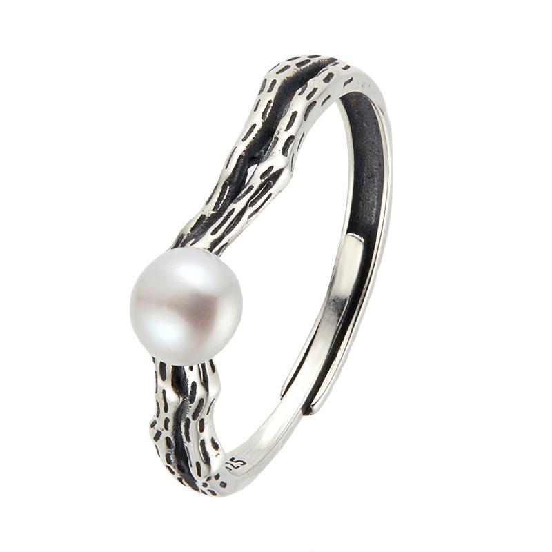 S925 Natural Colored Treasure Retro Thai Silver Ring, Male And Female Couples Ring, Pearl Flower Index Finger Ring, Niche Personality Exquisite