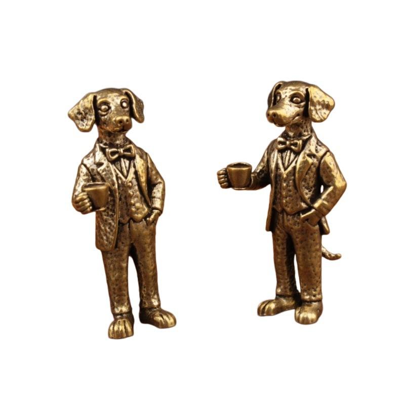 Brass Gentleman Dog Tea-Drinking Dog Figurines With Bow Tie Suit Design Vintage Finish Perfect For Home Desk Shelf Decor Gifts