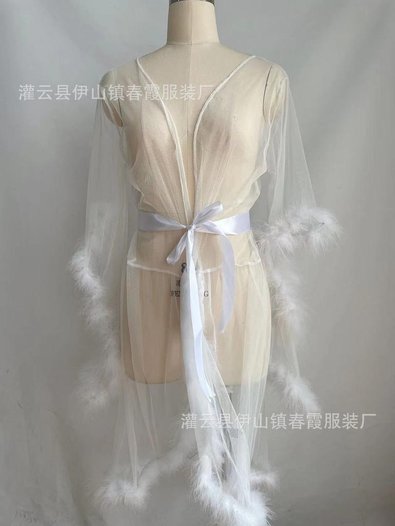 Sexy transparent mesh robe, bathrobe, nightgown, perspective loungewear, fluffy splicing sleeves, medium and long coat.