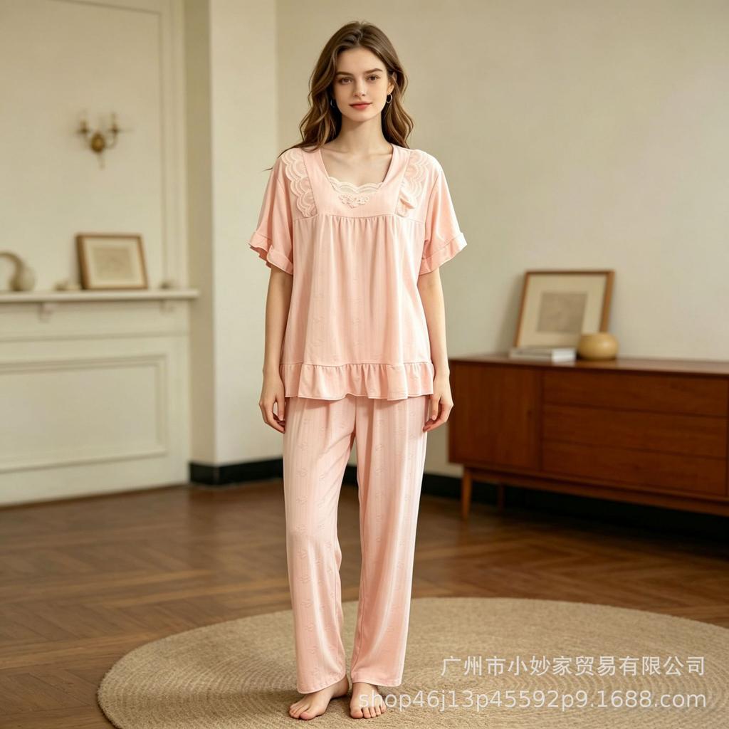 Popular women's pajamas set lace splicing lace solid color casual sweet loungewear