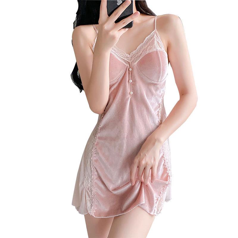 2025 Women's Gold Velvet Backless Camisole Nightdress - Breathable, Slimming, Solid Color, with Chest Pads, Korean Style