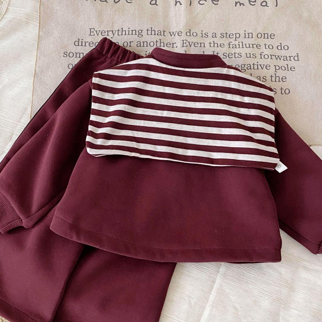 Mädchenmode Gestreifter Schal Burgunder Sweatshirt & Weitbein-Hosen Set, Herbst 2025 Kleinkind Zweiteiliges Freizeitoutfit