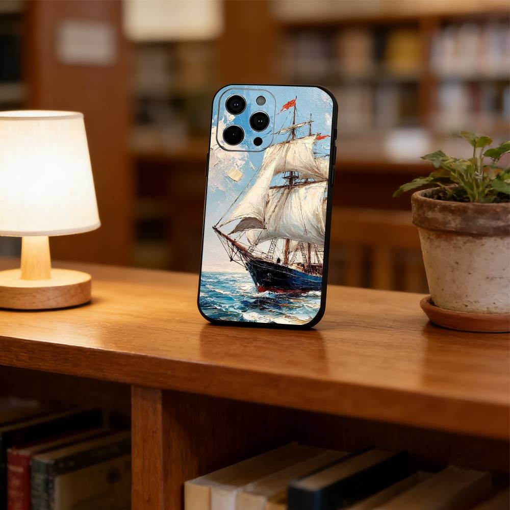 Oil painting sailboat Phone Case For iPhone 17,16,15,14,13,12,11 Plus,Pro Max,XS,Soft Silicone Black Cover