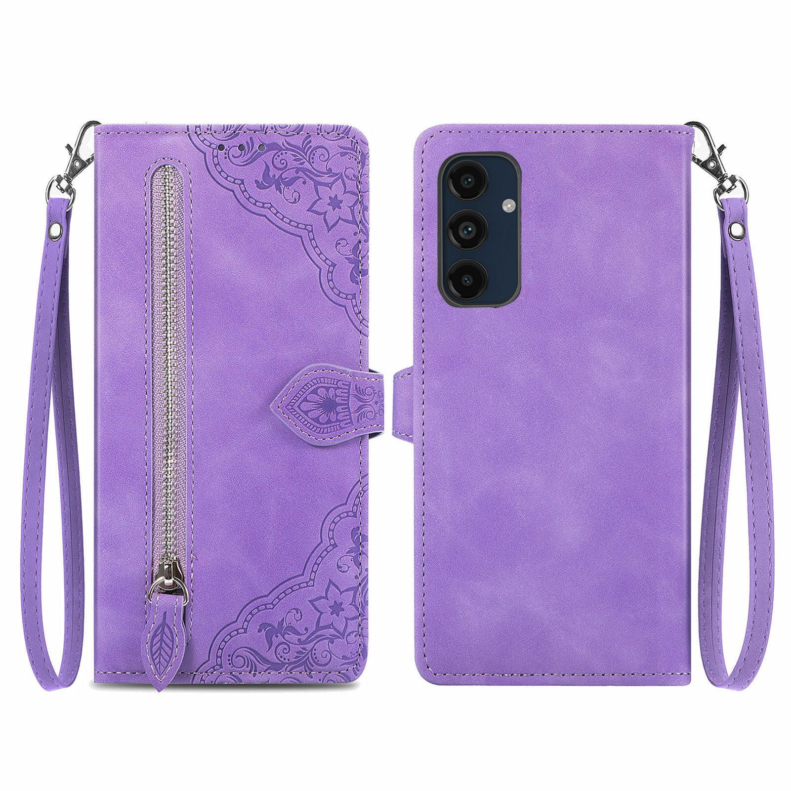 

For Samsung Galaxy S24 FE Zipper Wallet Case with Strap Flower Imprint PU Leather Phone Cover Light Purple