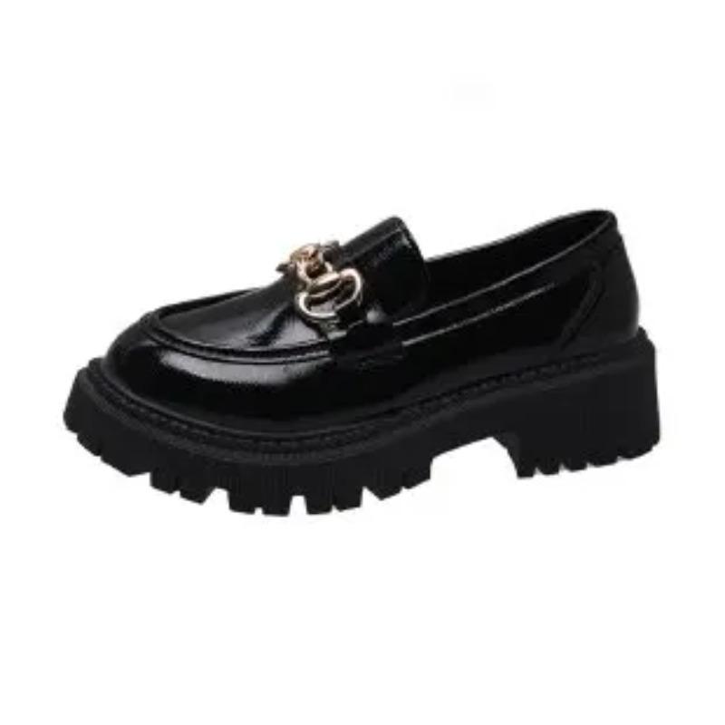 Women's Thick Heel Shoes Spring New Round Head Deep Mouth Metal Chain Thick Sole Anti-slip Wear-resistant Loafers