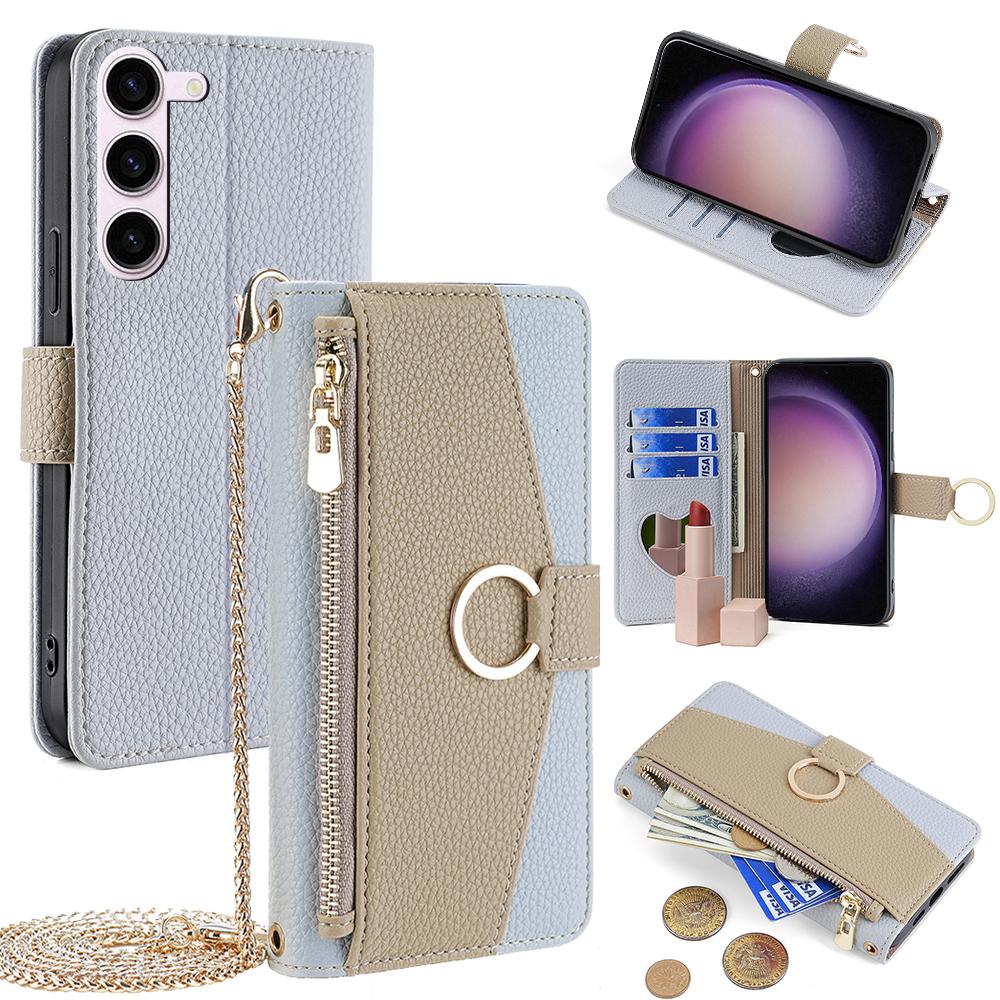 Leather Ring Holder Phone Case for Samsung S25 Ultra S24 FE S23 S22 Plus A16 A26 A56 Crossbody Wallet Flip Mirror Cover Lanyard