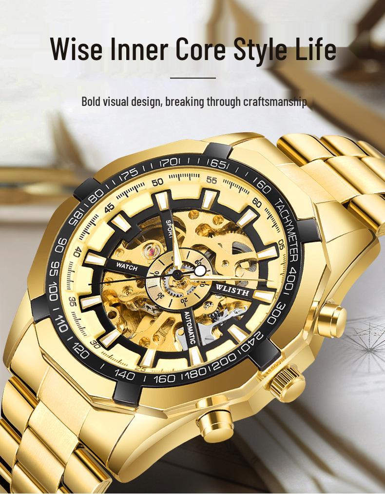 Wolis Men's Gold Waterproof Mechanical Watch - Creative Hollow Design