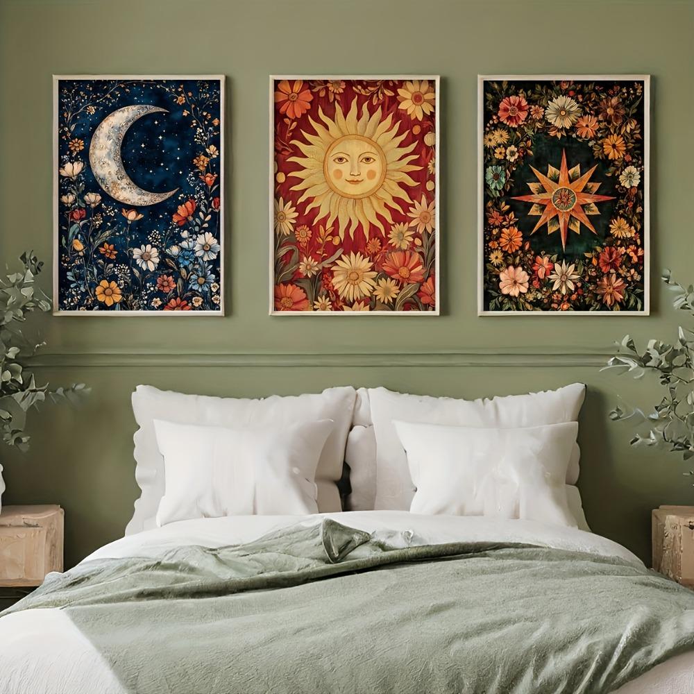 3 Frameless Retro Floral Sun,moon and Star Decor Paintings,Bohemian Style Home Furnishing,for Living Room,Bedroom Wall Art Decor