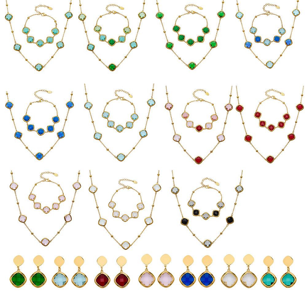 Stylish European & American Stainless Steel Jewelry Set with Square Faceted Glass Stones: Includes Bracelet, Necklace, and Earrings