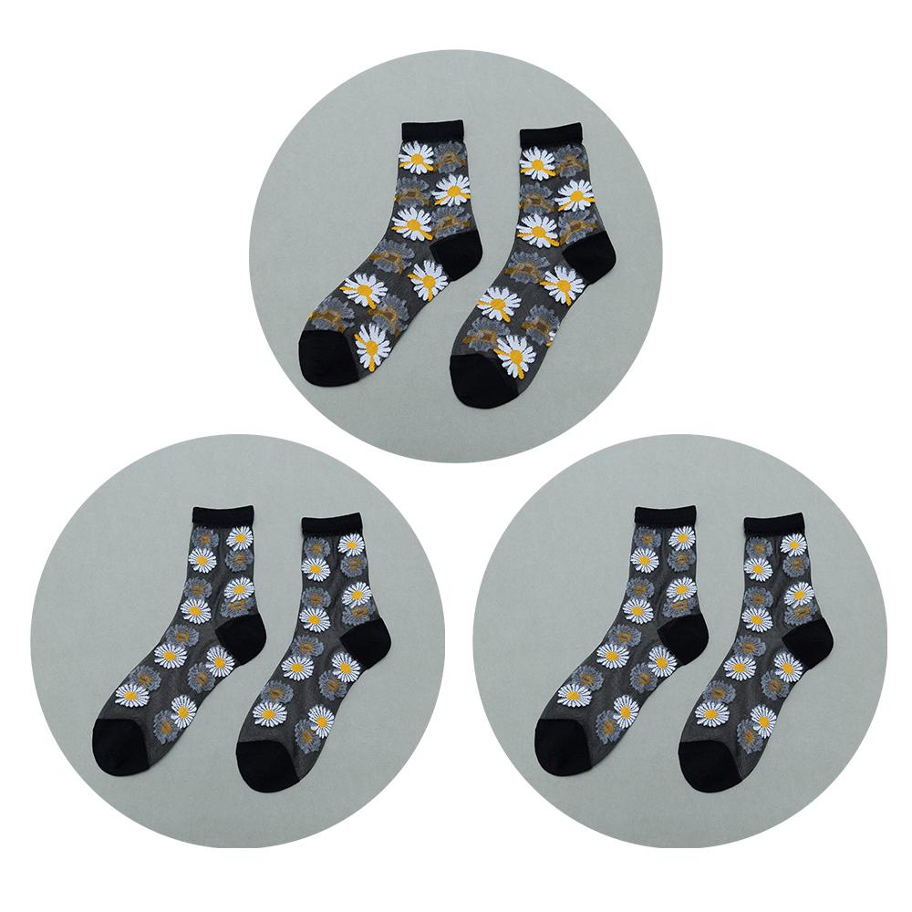 3 Pairs Of Women's Flower Socks Summer Crystal Glass Stockings Medium Short Tube Thin Transparent Daisy  Jacquard Elastic  Socks