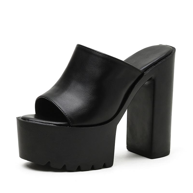 Square Heel Platform Mules Women Outdoor Slippers Peep Toe Slip On Sandals Shoes Slingbacks Black White Great Quality