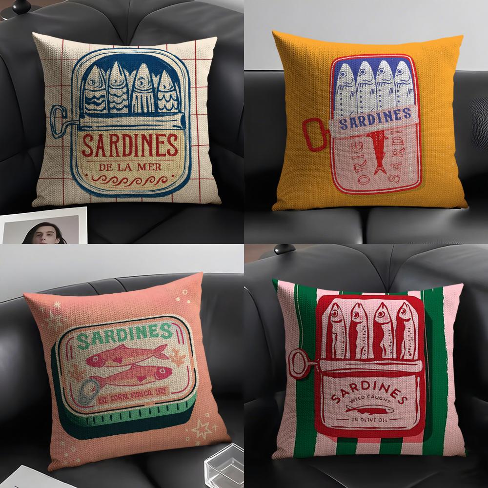 Cute Coastal Charm SardineS Pillow Case Natural Linen Organic Fabric Double-Sided Printing Sofa Home Decor Cushion Cover