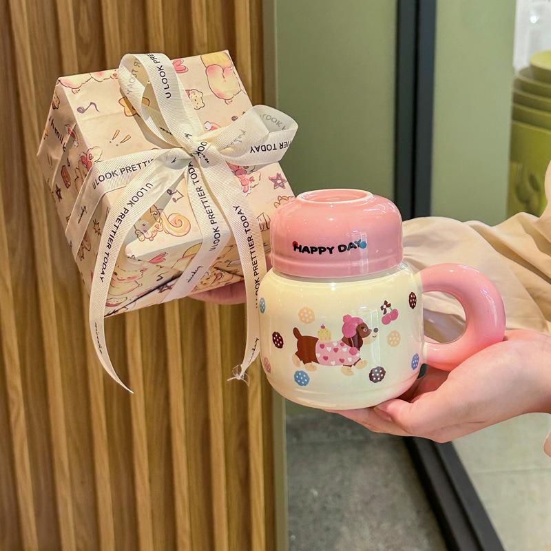Cute Dachshund Puppy Ceramic Kettle Couple with High Value Mug with Lid To Send Birthday Gifts for Girls