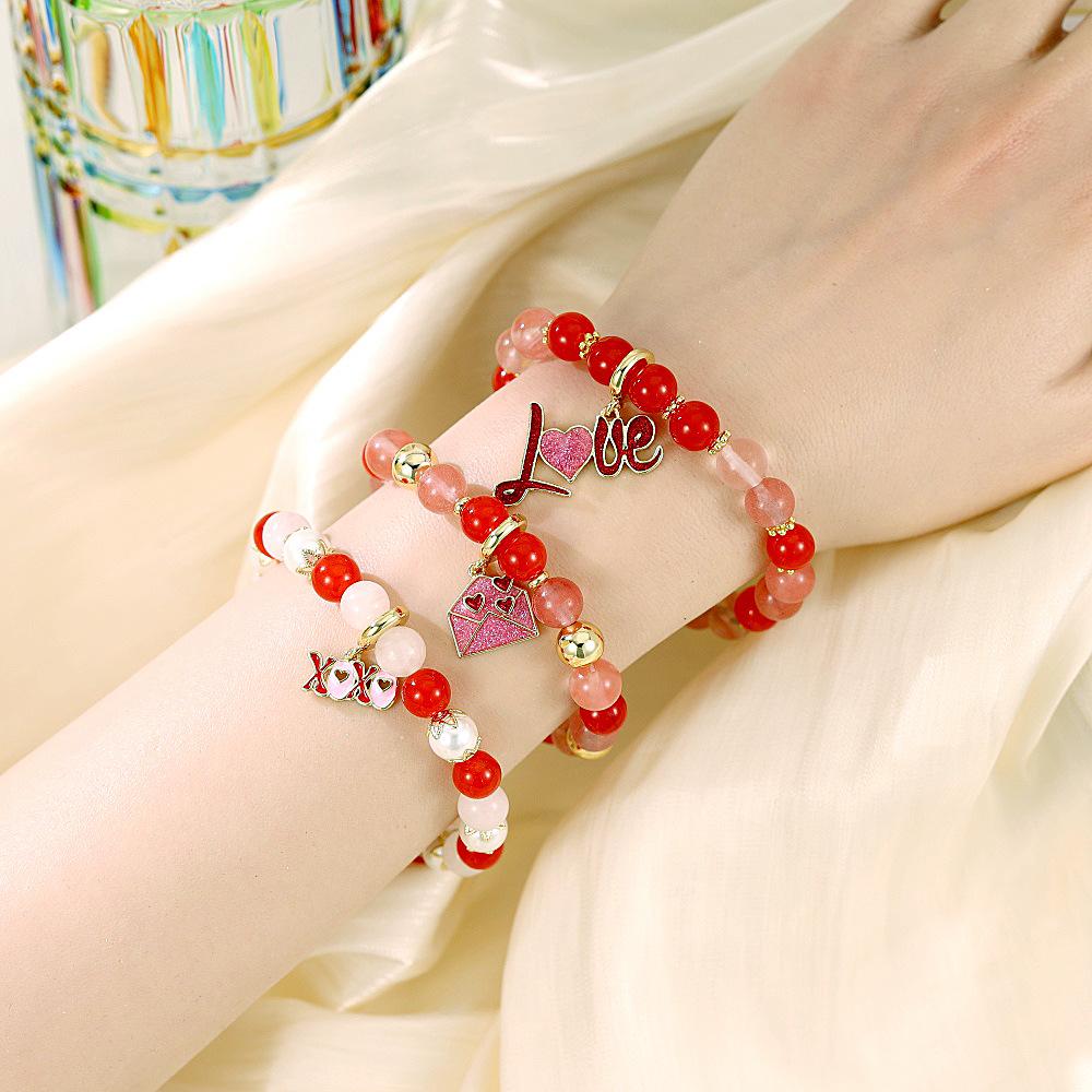 Elegant Handmade Beaded Semi-Precious Stone Bracelet with 18K Copper-Plated Heart LOVE Pendant