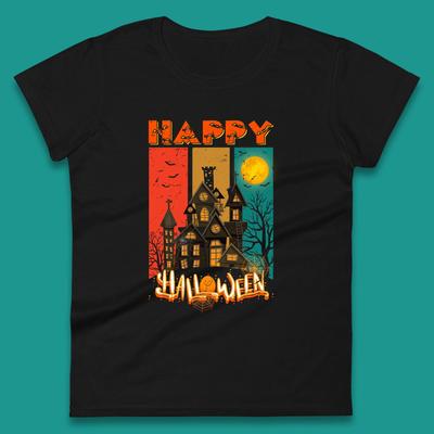 Happy Halloween Vintage Style Horror Scary Haunted House Womens Tee T Shirt Mens Tops Unisex Top