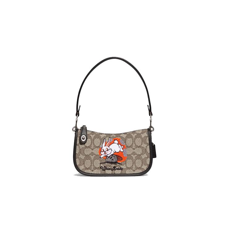 Coach X White Rabbit Collaboration Swinger 20 Classic Monogram Color Block Cartoon Patch Zip Closure Leather And Fabric Shoulder Bag Small CG275-LHUW7