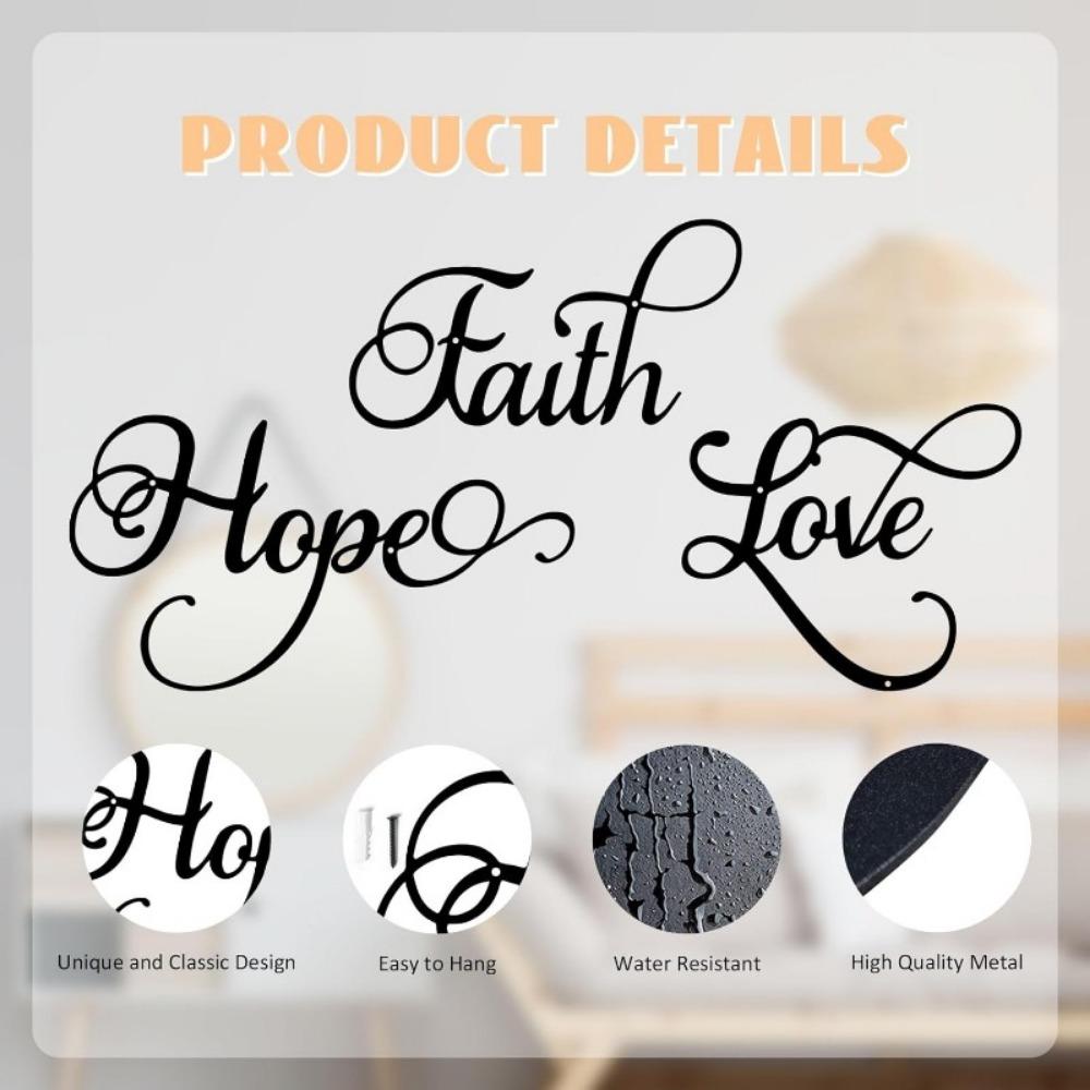 3 Pieces Black Metal Wall Decor Inspirational Faith Hope Love Sign Rustic Vintage Word Art Home Bedroom Living Room Farmhouse Letter