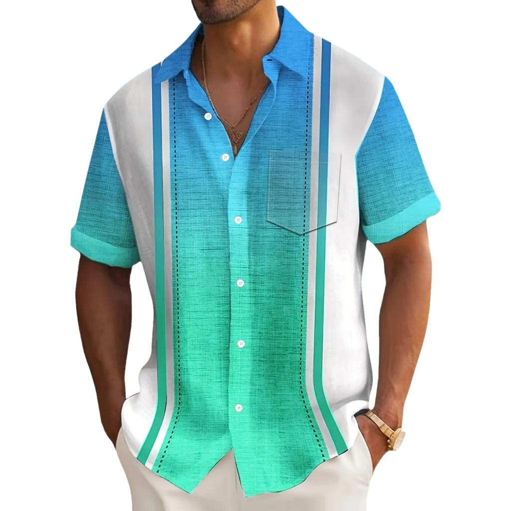 Hawaiian gradient striped printed men's button pocket short sleeved shirt
