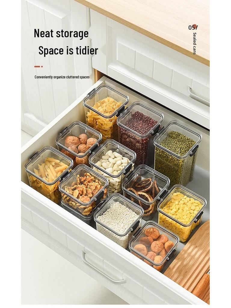 Transparent Airtight Food Grade Storage Jar: Moisture-Proof, Square/Rectangular Kitchen Container for Grains and Chinese Medicine
