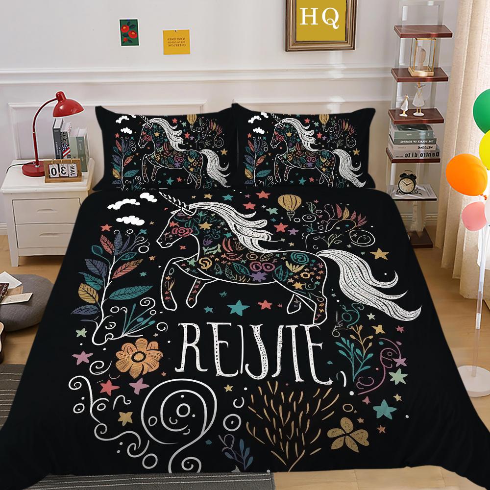 Home Bedding Set Woman 3D Unicorn Cartoon Lovely Home Bedclothes Twin Full Size Polyester Bed Set Cover