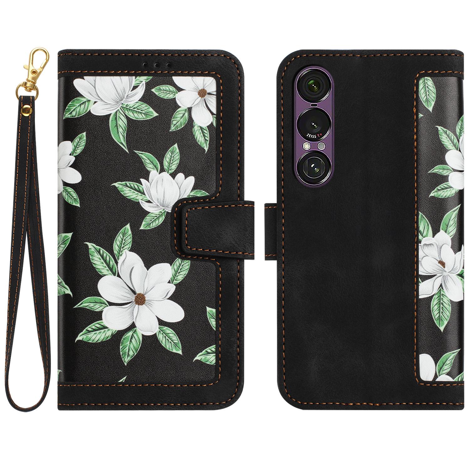 

For Sony Xperia 1 VII Case PU Leather Floral Phone Cover with Card Slots Black