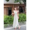 French Gentle Polka Dot Puff Sleeve Dress Women's Summer Tight Waist Elegant Slimming A- Line Skirt Vacation Style Long Dress