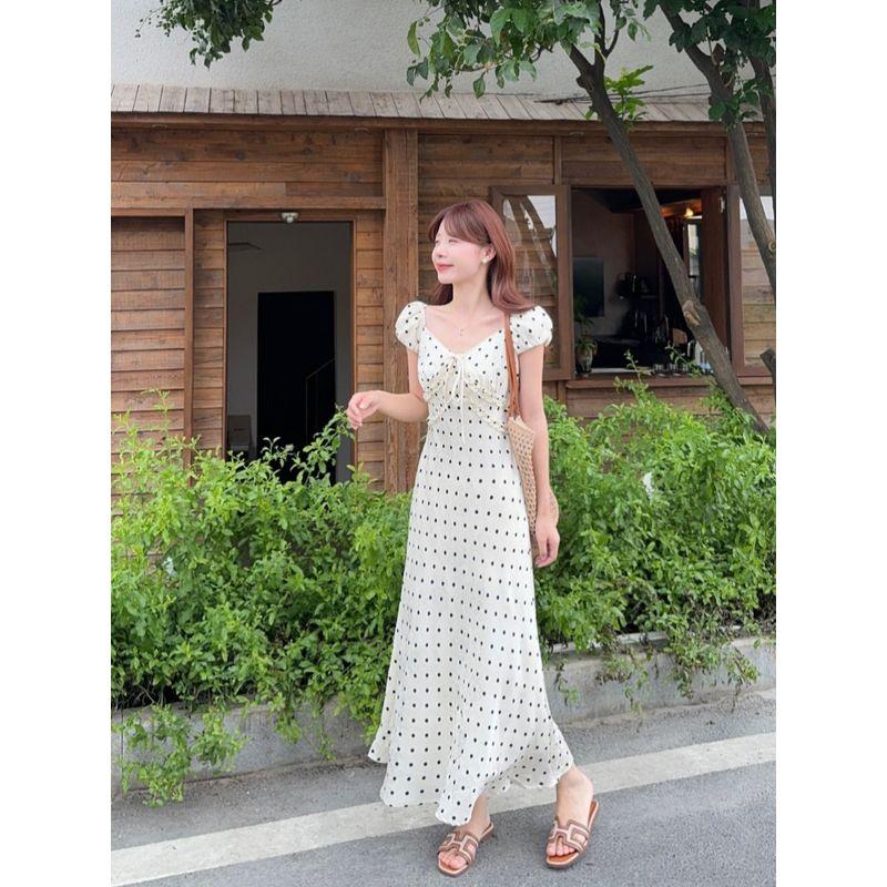 French Gentle Polka Dot Puff Sleeve Dress Women's Summer Tight Waist Elegant Slimming A- Line Skirt Vacation Style Long Dress