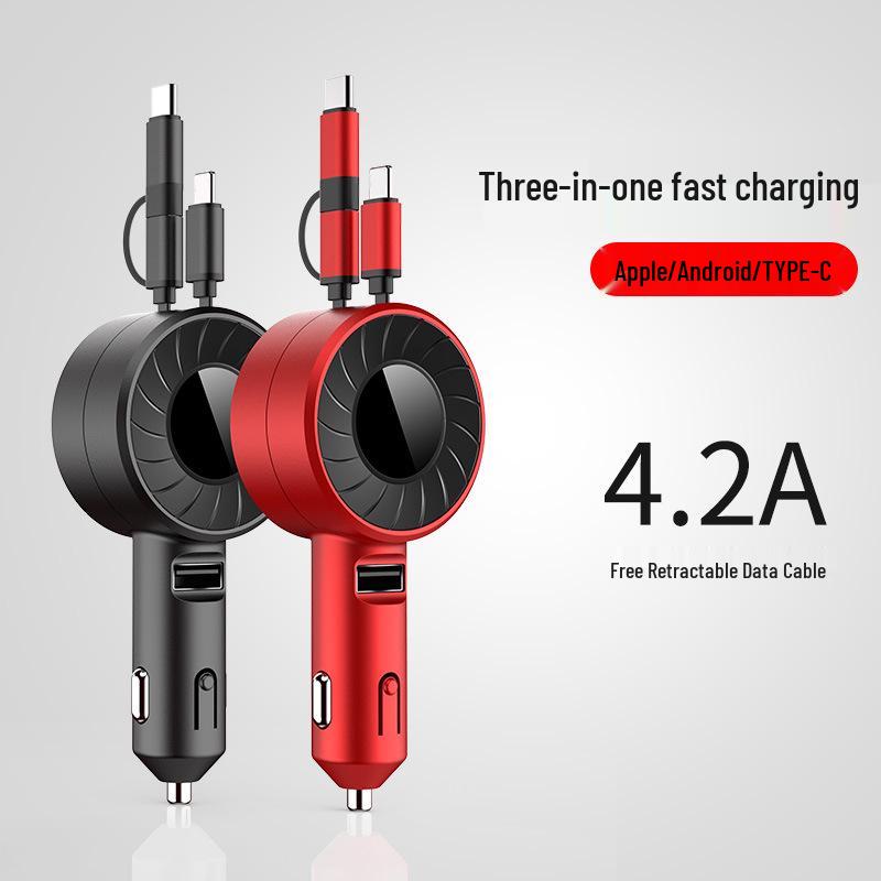 Dual USB Fast Car Charger with Retractable Cable for Huawei and Apple Devices