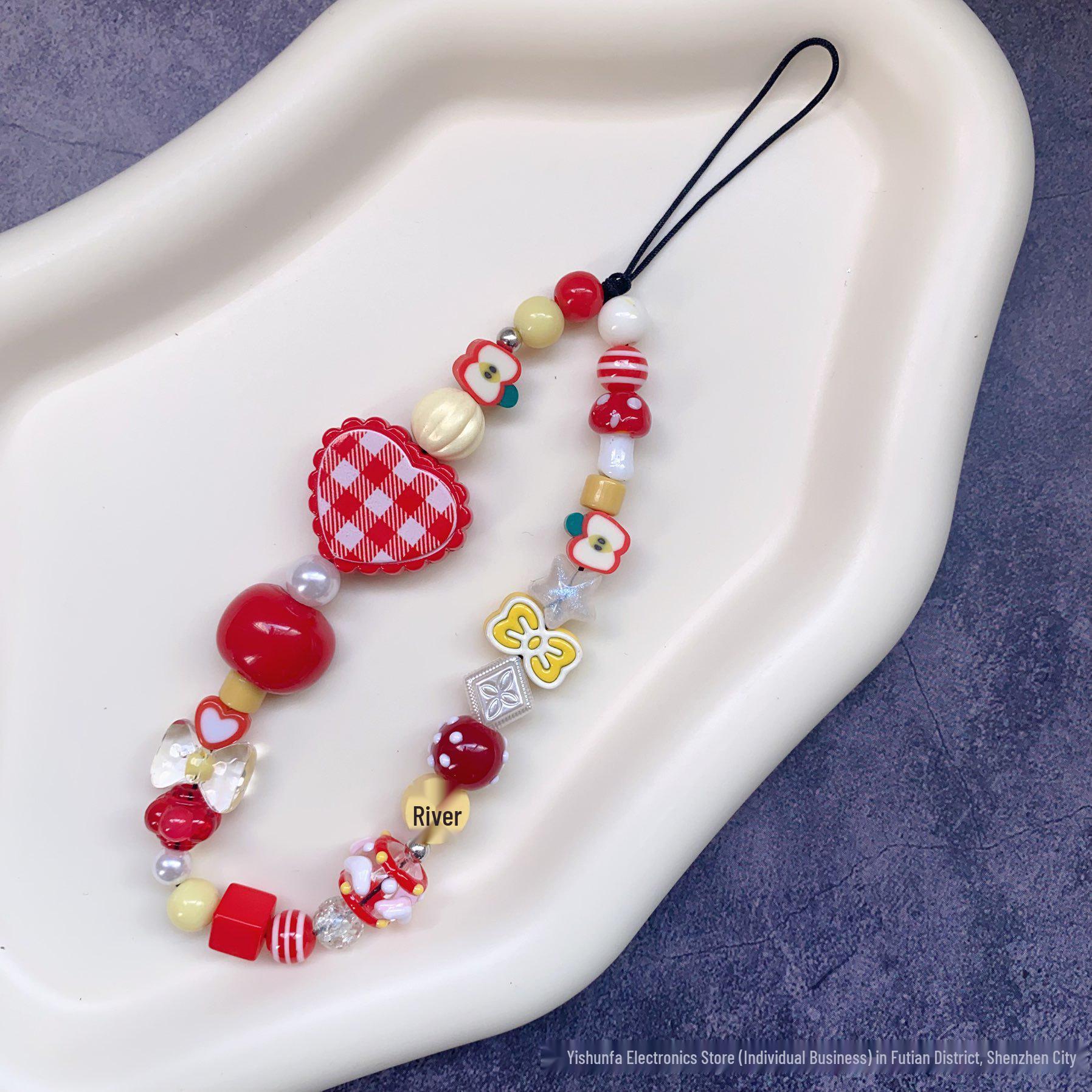 

Red Plaid Heart Dopamine Fruit Cat Phone Lanyard & Camera Charm Bracelet Beads