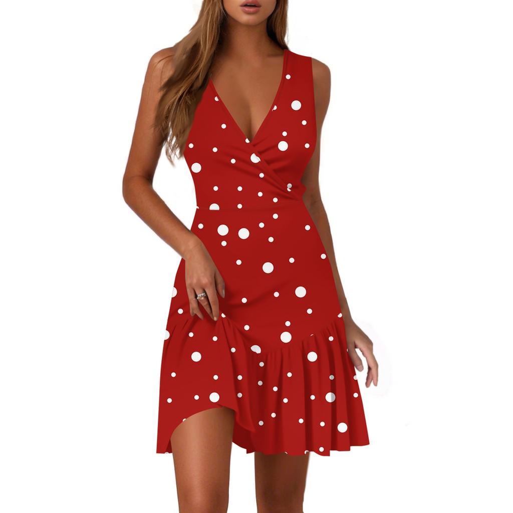 Ladies Casual Fashion V-Neck Sleeveless  Print Dress