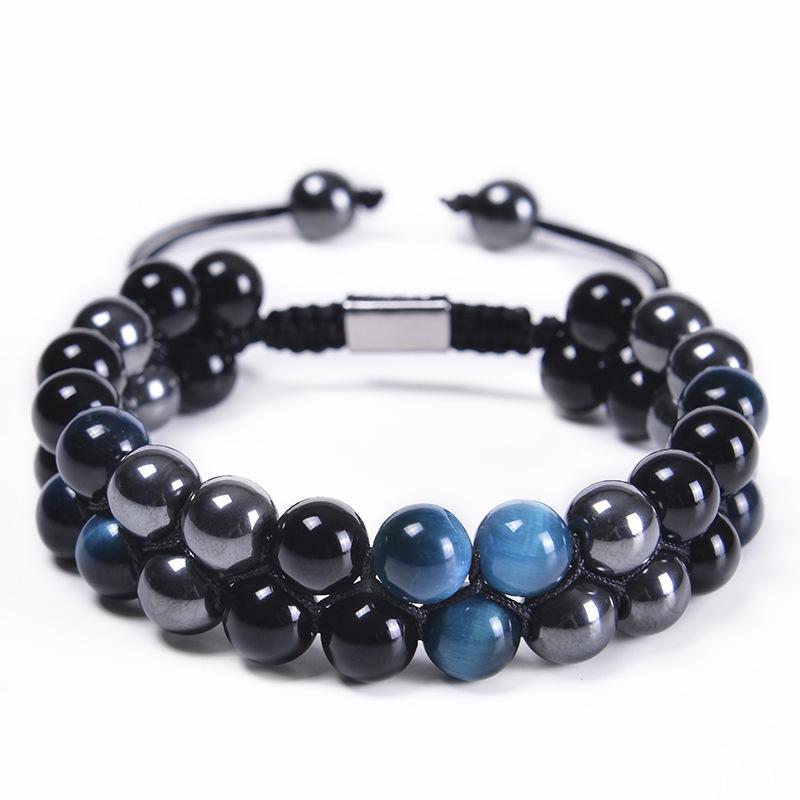 Men's Double-Layer Blue Tiger Eye & Black Agate Magnet Bracelet
