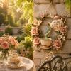 Yard Art Sculptures It's Time for Tea Door Sign, Metal Floral Wreath Hanger with Teapot Teacup Design, Windowsill Rustic Wall Decor Kitchen