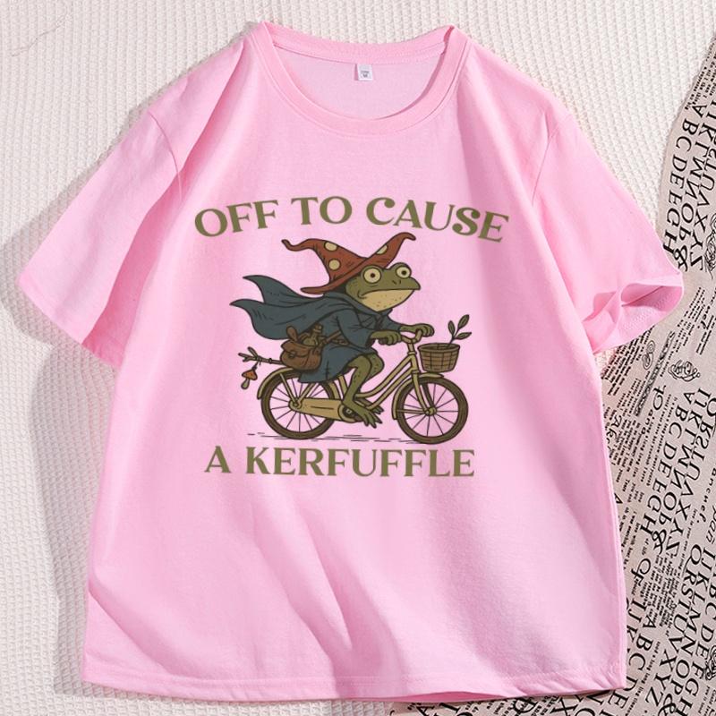 Off To Cause A Kerfuffle Frog Tshirt Men Women Causal Cotton Short Sleeve Funny Weirdcore Sayings Unique Tshirt Tee Clothes