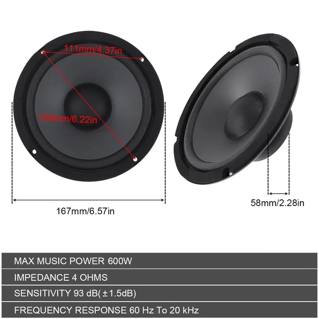Car Tuning Audio Speaker Heavy Mid-bass Ultra-thin Modified Speaker Horn 6 Inch 600W 2-Way Full Range Frequency Automotive