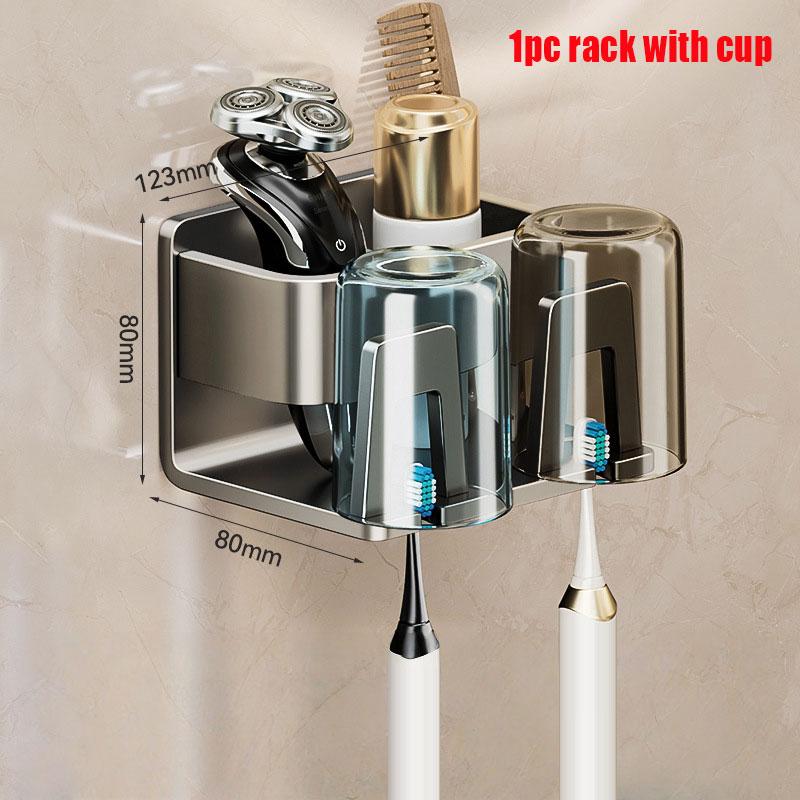 Aluminum Toothbrush Rack Punch-Free Wall-Mounted Toothbrush Cup Holder Bathroom Multifunctional Toothpaste Razor Shelf Organizer