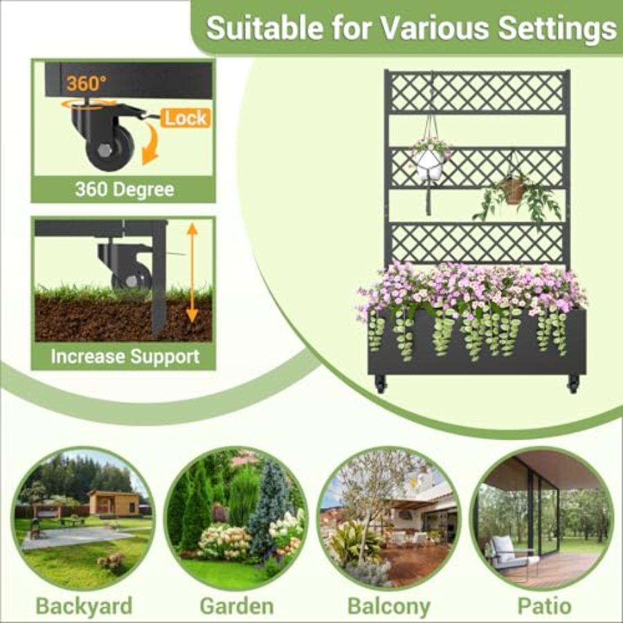 Metal Planter Box with Trellis Privacy Screen 67x41x16 Raised Garden Bed with Planting Bag Lockable Casters for Climbing Plants