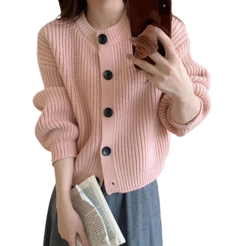 Soft waxy lazy wind round neck single-breasted knitted cardigan women's autumn and winter new loose sweater jacket