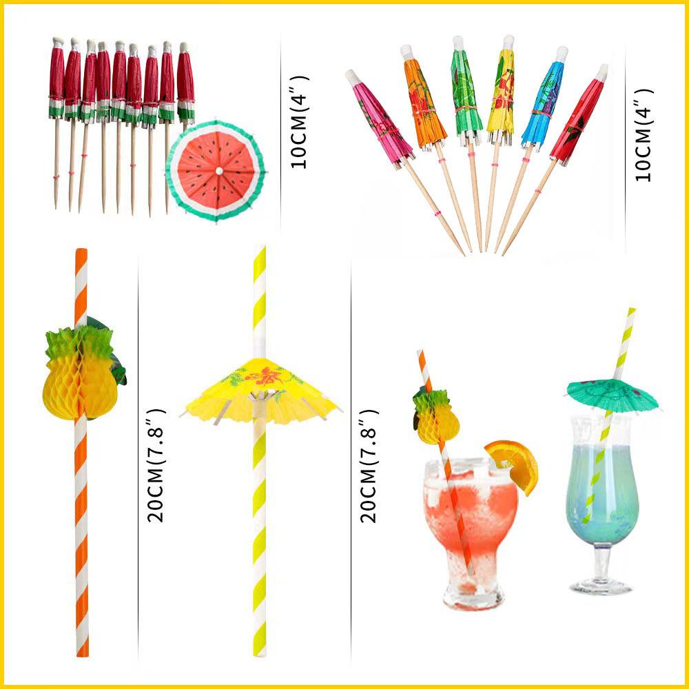 Hawaiian Party Set: 3D Honeycomb Fruit Straws, Umbrella Picks, Pineapple & Watermelon Decorations
