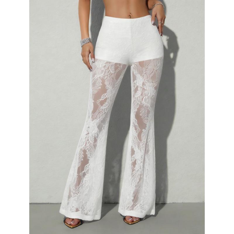 Women Sexy Sheer Lace High Waist Slim Fit Flared Long Pants