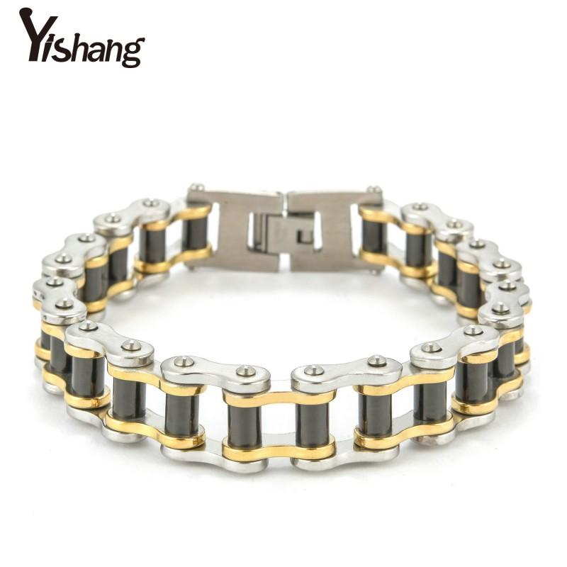 Bracciale a Catena da Ciclismo in Acciaio al Titanio da Uomo Stile Punk Fascia da Polso per Bici Tono Nero Oro