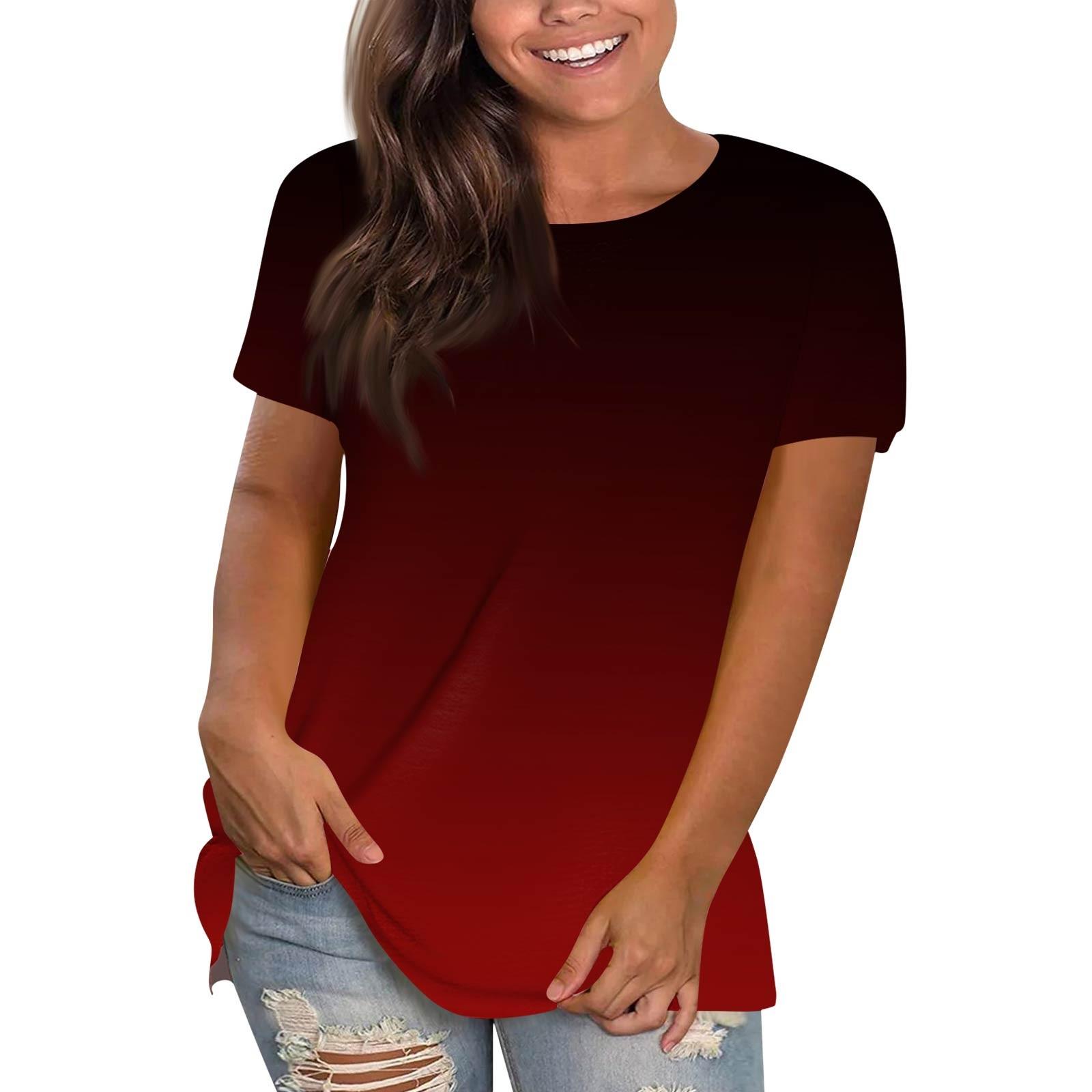 

Women s Casual Loose Printed T-Shirt Round Neck Pullover Short Sleeve Top XXL винний