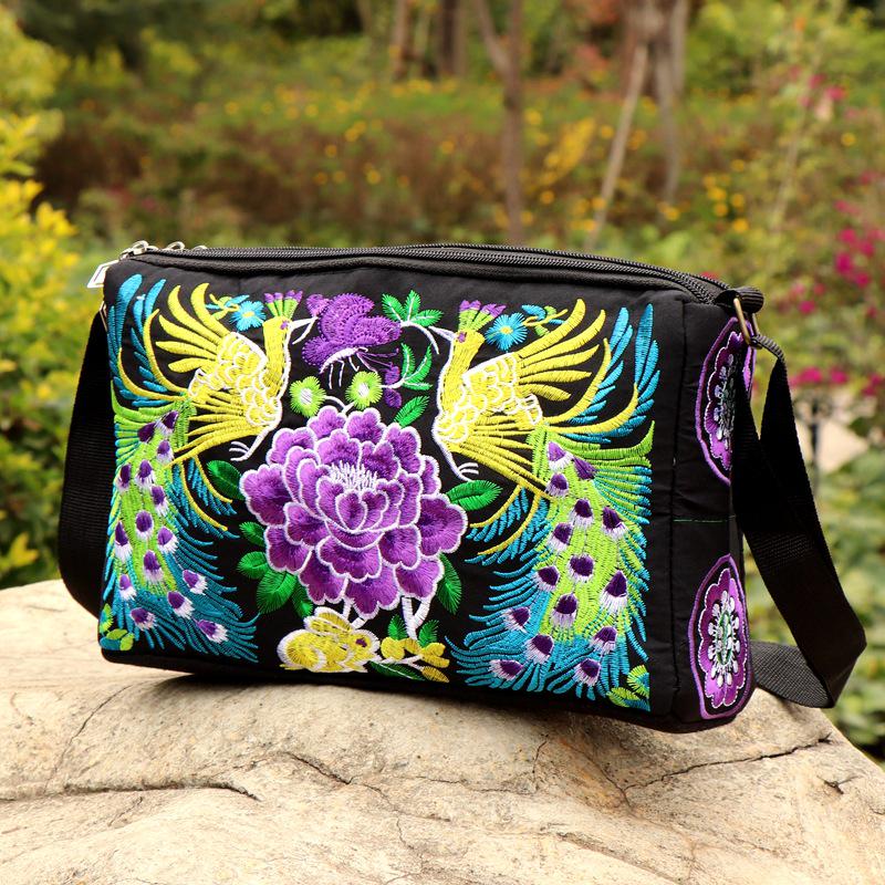 Yunnan Ethnic Embroidered One-Shoulder Crossbody Bag with Three Zippers - Large Size for Ladies