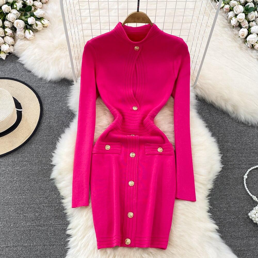 

Осенне-зимний женский темперамент OL для поездок на работу, простой золотой воротник-стойка на пуговицах, вырез на груди, облегающий крой и тонкий трикотаж H