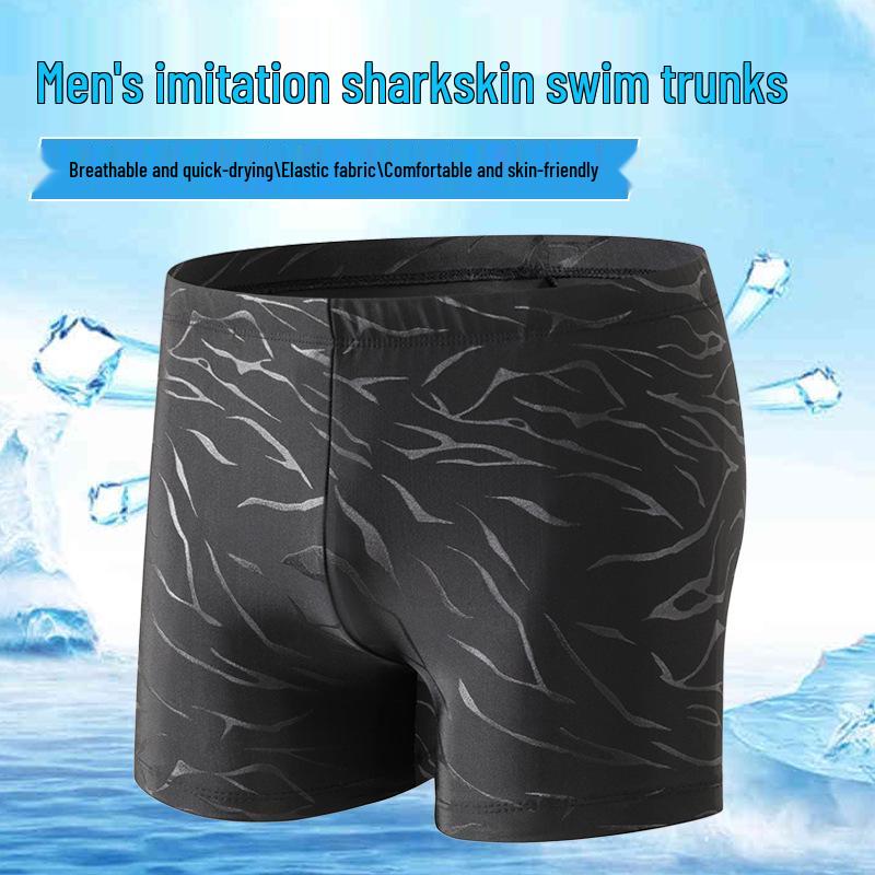 Men's Quick-Dry Sharkskin Swim Trunks - Black, Plus Size, Conservative Fit